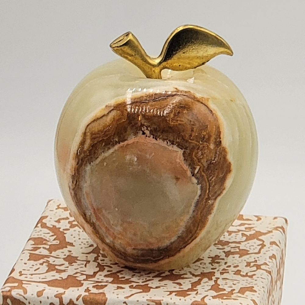 Elegant Cream and Brown Natural Onyx Gemstone Apple Paperweight Teacher Gift